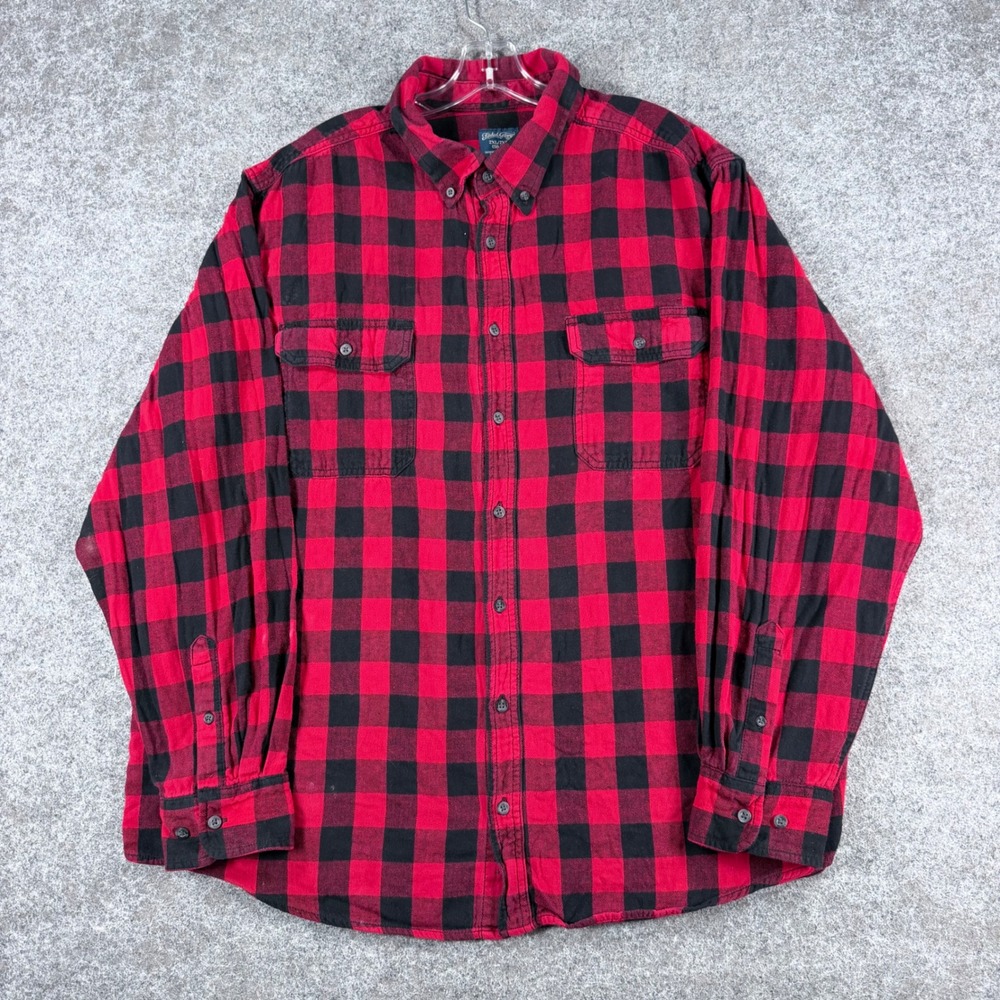 Faded Glory Mens 2XL Flannel Button Up Shirt Red Black Buffalo Plaid Stains